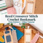 Crochet bookmarks in various designs and colors displayed with yarn, hook, scissors, and a notebook, accompanied by text promoting a free pattern and video tutorial.