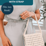 Woman holding a crocheted book cover with a strap. Text on image advertises "Reed Crossover Crochet Book Cover with Strap" and states "Fits Any Book!.