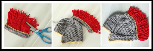 Three-step process of attaching red yarn fringe to a gray crocheted hat with yellow trim, resembling a Roman helmet—perfect for an Anne Hathaway crochet baby outfit—using scissors and a yarn needle.