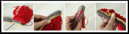Four-step crochet process: red yarn strands are added to a grey and yellow crocheted base, then stitched together by hand using a needle and yellow yarn—perfect for creating an Anne Hathaway crochet baby outfit with charming, star-quality details.