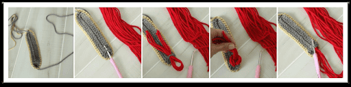 Five-step photo sequence showing how to add red yarn loops to a grey knitted base using a pink crochet hook on a white surface, inspired by the charming style of an Anne Hathaway crochet baby outfit.