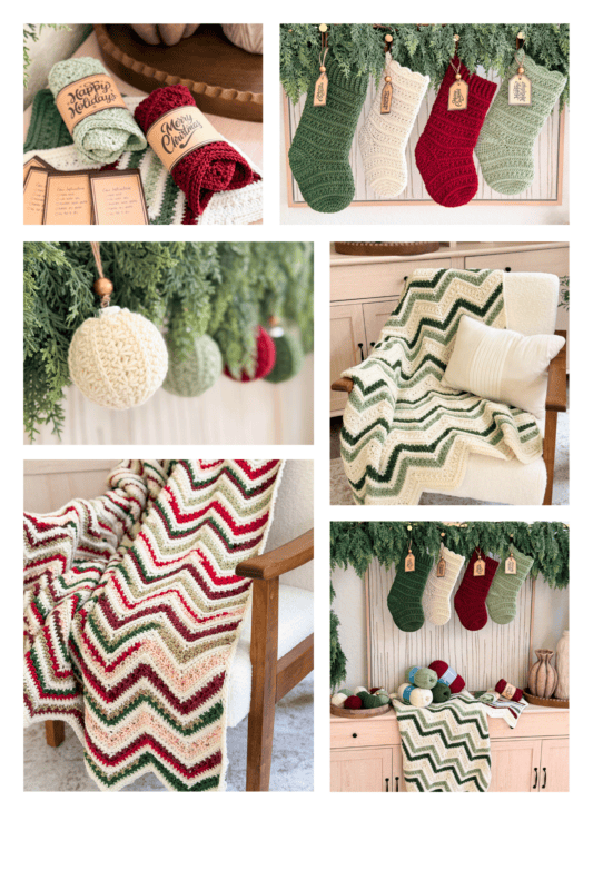 A collage shows crocheted Christmas stockings, yarn ornaments, and zigzag-patterned green and red blankets draped over chairs—perfect inspiration for Crochet & Knit Courses, all displayed with festive holiday decor.
