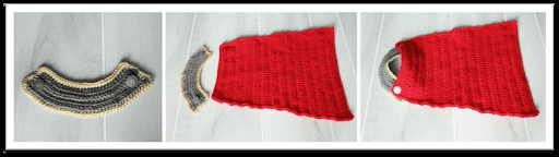 Three-step process showing a crochet project: a curved gray and yellow piece, the addition of a large red section, and the final assembly with a button closure—perfect inspiration for crafting your own Anne Hathaway crochet baby outfit.