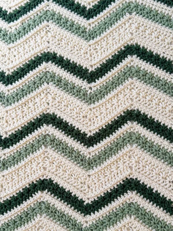 Close-up of a crocheted blanket featuring a chevron pattern in cream, light green, and dark green yarns. The zigzag design repeats horizontally across the fabric.