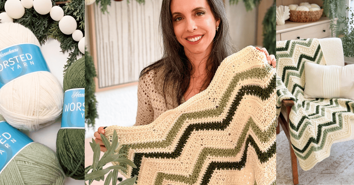 A woman holds a green and cream zigzag crochet blanket; nearby are yarn skeins and the finished blanket draped over a chair.