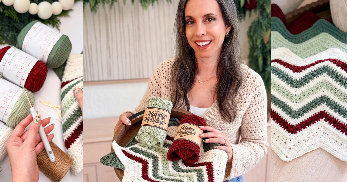 A woman holds a wooden tray with skeins of yarn and a crocheted chevron washcloth in green, red, and white. Close-ups show a crochet hook and yarn details.