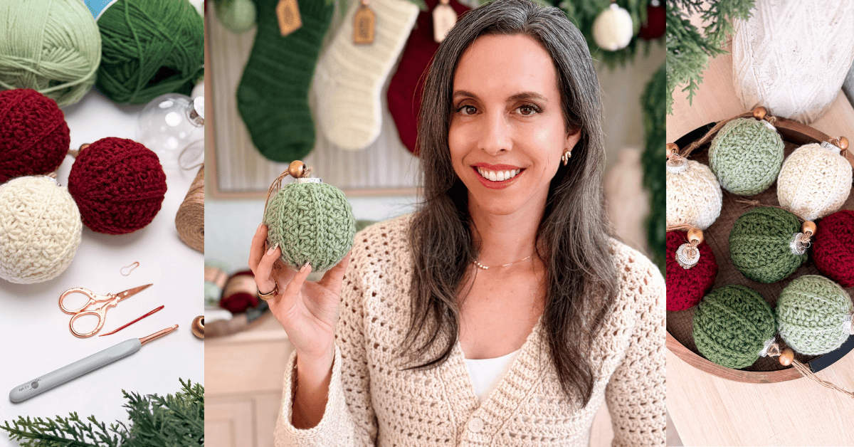 A woman holds a green crocheted ornament, with yarn and crochet tools on one side and a bowl of crocheted ornaments on the other. Christmas stockings hang in the background.