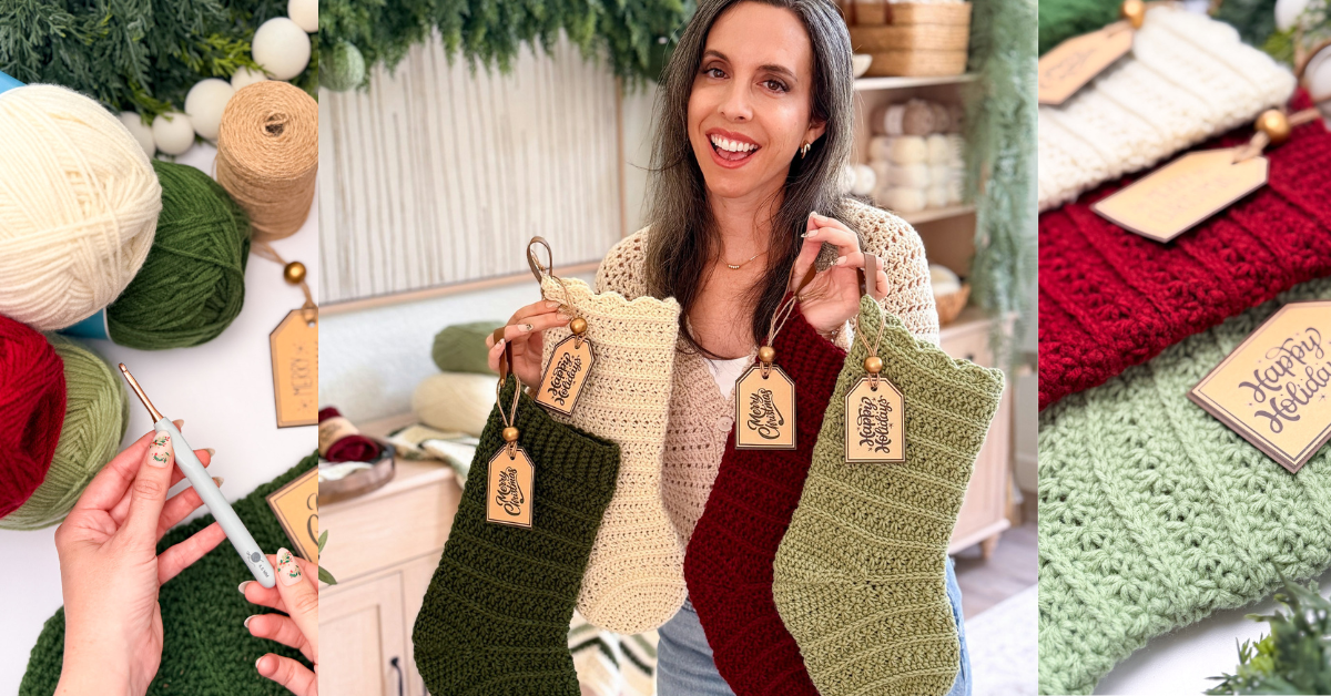 Smiling woman holds three crocheted holiday stockings in cream, red, and green, each with a gift tag; yarn and hooks are visible in the background and foreground.