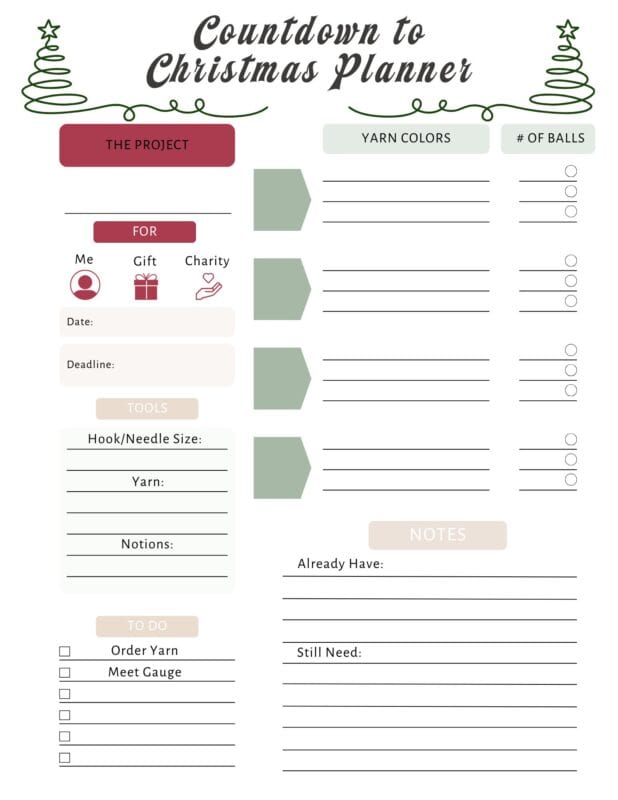 Christmas project planning template with sections for project details, yarn colors, number of balls, recipient, date, tools, notes, and yarn inventory.