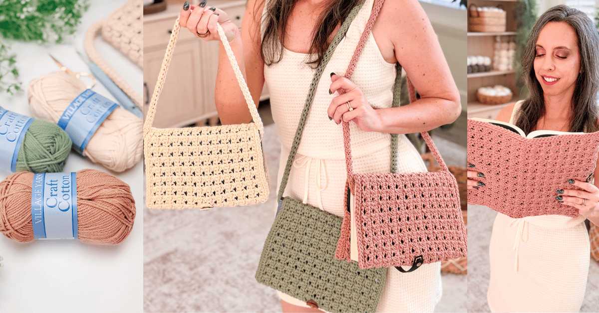 Three balls of cotton yarn and crocheted bags in pastel colors are displayed. A woman holds two finished crochet bags and reads from a crocheted notebook cover.