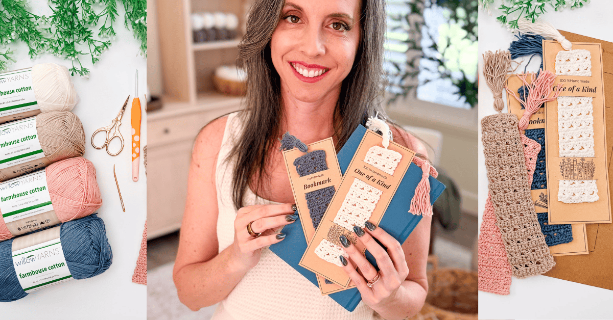 A woman holds crocheted bookmarks with tassels. On either side, there are yarn, crochet hooks, scissors, and additional crocheted bookmarks on display.