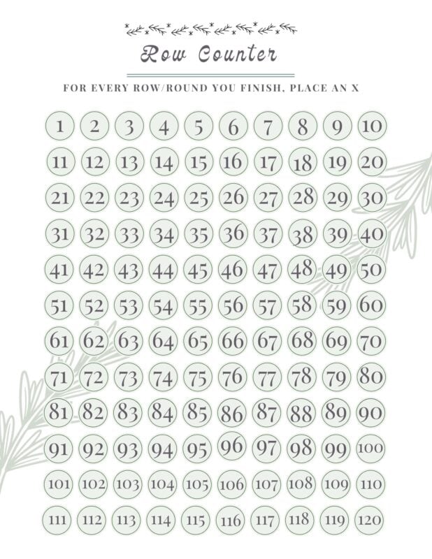 A grid labeled "Row Counter" with numbered circles from 1 to 120, instructing users to mark an X after completing each row or round. Decorative leaf designs are in the corners.