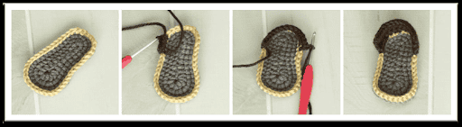 Three photos show a crochet slipper sole with a yellow edge, progressing as brown yarn is added and partially worked around one end using a crochet hook—reminiscent of the charming style seen in an Anne Hathaway crochet baby outfit.