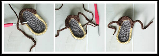 Three side-by-side photos show steps of crocheting a small shoe sole with gray, yellow, and brown yarn using a crochet hook on a light surface—perfect inspiration if you’re crafting an Anne Hathaway crochet baby outfit.