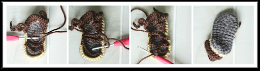 Three images show steps of crocheting a small brown and gray shoe with a pink-handled crochet hook and yarn, perfect for creating an Anne Hathaway crochet baby outfit.