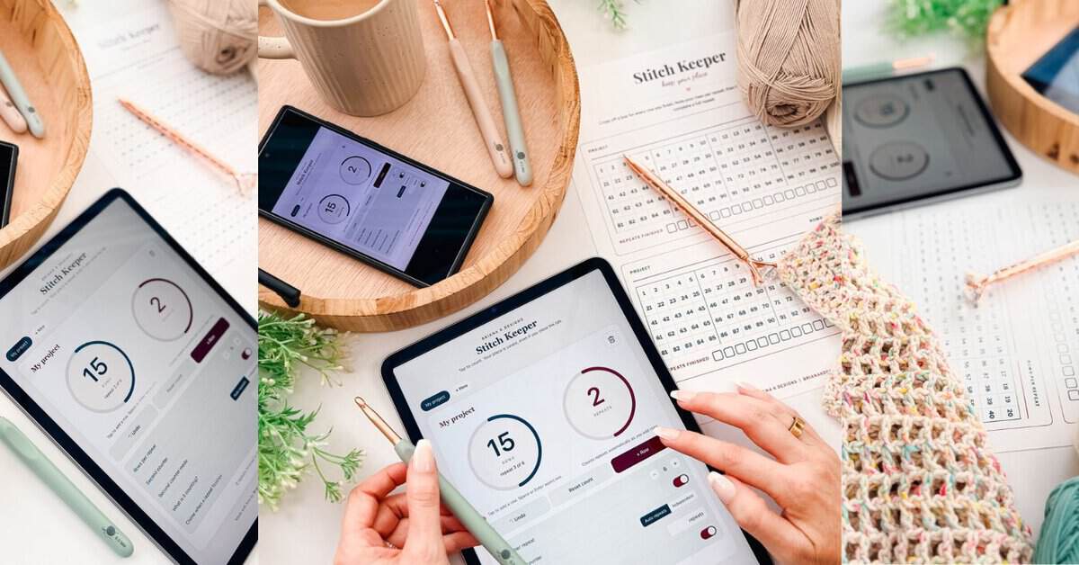 Tablet, smartphone, and printed chart displaying a stitch keeper app are arranged on a table with yarn, crochet hooks, and a cup of coffee; partially completed crochet work is shown.