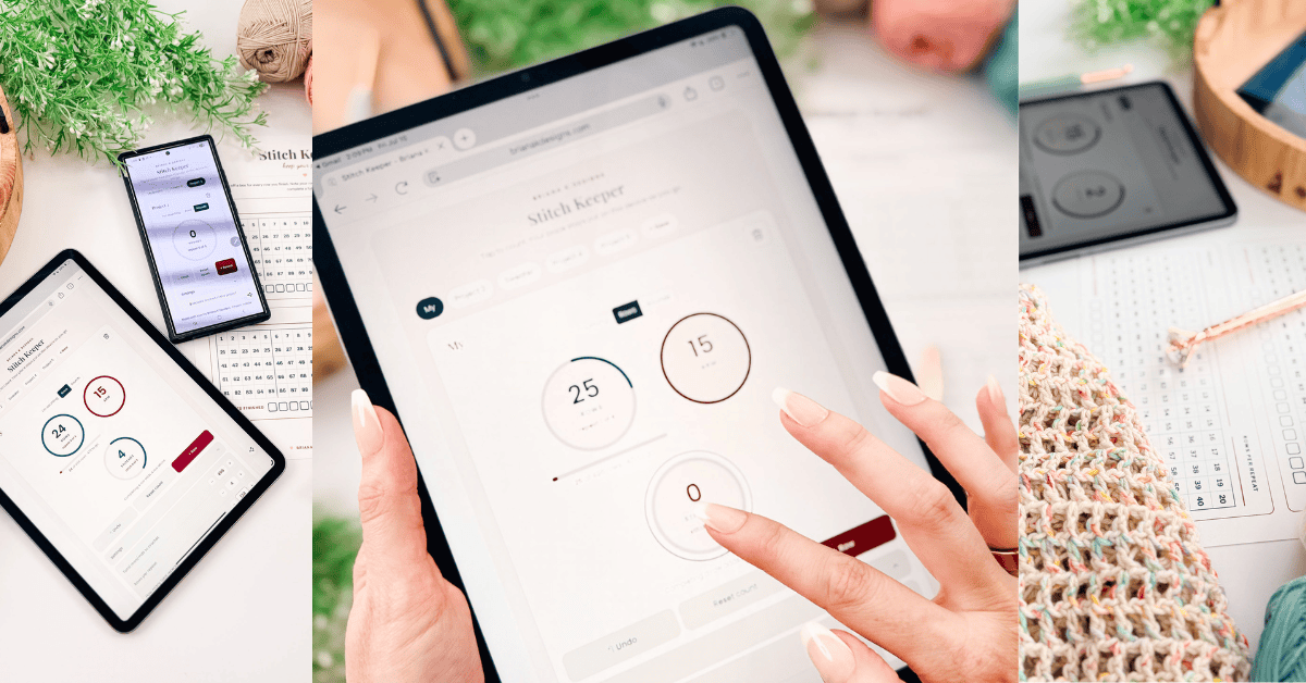A person uses a free stitch counter on a tablet, surrounded by yarn, a crochet project, and a smartphone displaying the same app.