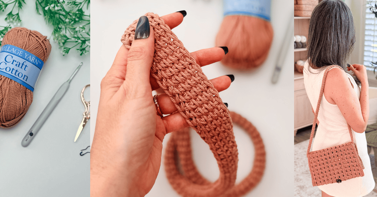 Three images showing steps to crochet a purse: yarn and tools, a hand holding a crochet piece, and a woman wearing the finished crochet purse over her shoulder.
