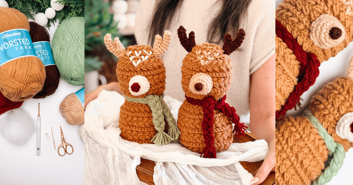 Two crocheted reindeer with scarves are displayed, surrounded by yarn, crochet tools, and a person holding them.