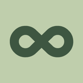 A dark green infinity symbol on a light green background.
