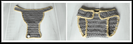Two photos of a gray, Anne Hathaway crochet baby outfit-inspired diaper cover with yellow trim, shown flat in an open position on the left and buttoned up on the right.