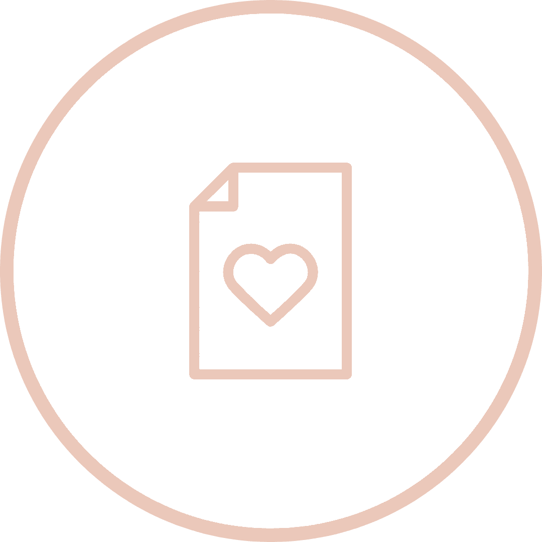 A simple line drawing of a document with a heart symbol in the center, enclosed in a circular border.