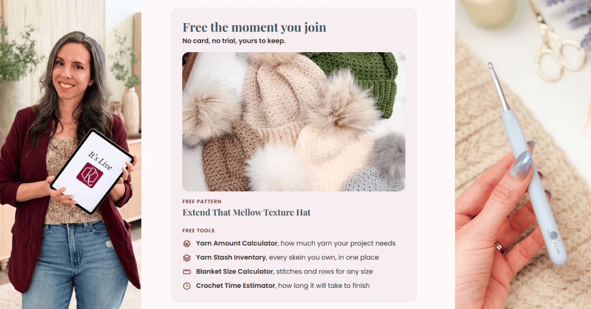 A woman holding a tablet beside the Briana K Crochet App sign up screen, showing crochet patterns and tools.