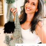 Woman holding a knotted mesh bag with a small black dog inside; text reads “Knotted Mesh Bag, Free Pattern + Video Tutorial.”.