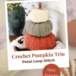 Three crocheted pumpkins in cream, green, and orange are stacked together, displayed in front of a white wall, with yarn balls and a potted plant in the background. Text advertises a free pattern.