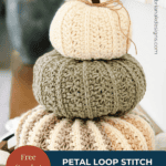 Three crocheted pumpkins in cream, green, and beige are stacked on a wooden tray. A label reads, “Free Crochet Pattern. Petal Loop Stitch Pumpkin Trio.”.