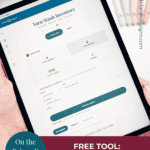 A person holding a tablet displaying the Yarn Stash Inventory tool interface, with a promotional banner for the free crochet yarn calculator and Yarn Stash Inventory tool available on the Briana K app.