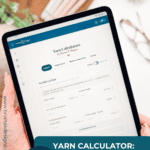Person holding a tablet displaying a “Yarn Calculator” tool on the Briana K Designs website, with a promotional message for the free tool and app in the foreground.