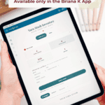 Person holding a tablet displaying the Yarn Stash Inventory tool in the Briana K app, with skein count, crochet yarn calculator, and yarn details visible on the screen.