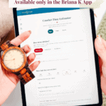 Person holding a watch and smartphone displaying a crochet time estimator tool, with text promoting a free project time estimator and yarn stash tracker available in the Briana K app.