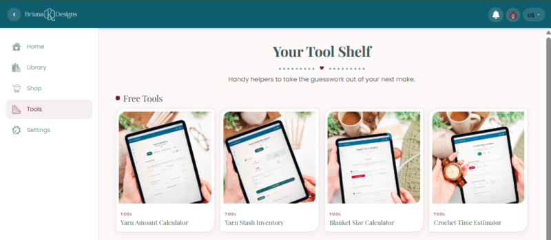 A website page displays four free crochet tools with images of tablets showing calculators; menu options are on the left.
