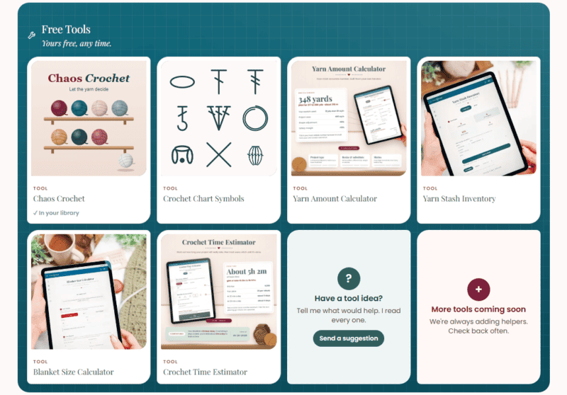 A grid of free crochet tools, including a chaos color picker, chart symbols, yarn amount calculator, yarn stash tracker, blanket size calculator, time estimator, and a suggestions box.