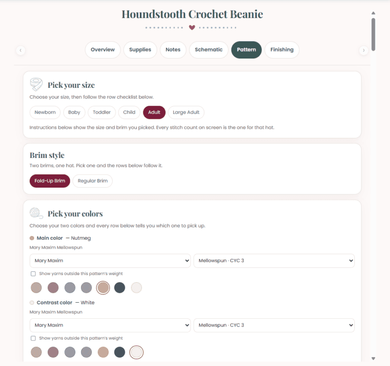 The Houndstooth Crochet Beanie pattern page with options to pick size, brim style, and main and contrast yarn colors.