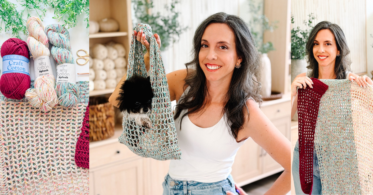 A woman displaying yarn and a crochet project, holding a netted tote bag with a cat inside, and showing a large crocheted blanket.