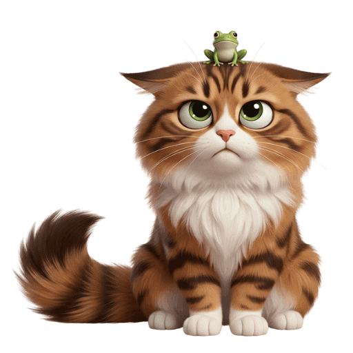 Loki, a long haired tabby cat, sitting patiently with a small green frog on his head.