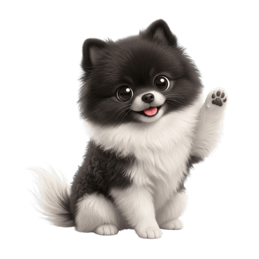 Luna, a black and white Pomeranian, waving a paw.