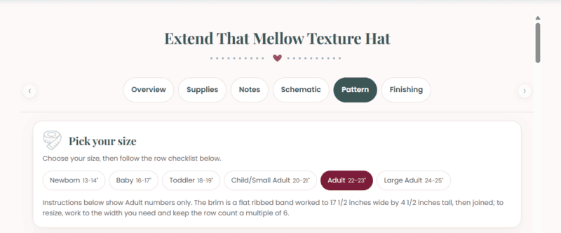 The size picker in the Briana K app showing Newborn, Baby, Child or Small Adult, Adult and Large Adult options with head measurements.