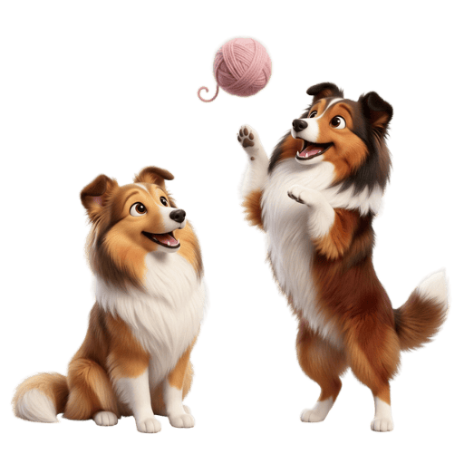 Oliver and Finley, two Shetland Sheepdogs, playing with a ball of yarn.
