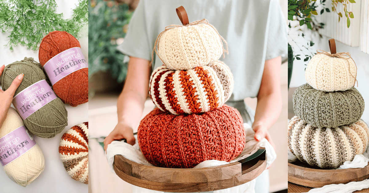 Three images show yarn balls, individual and stacked crocheted pumpkins in various earth tones, and a person holding a tray with a stack of three crocheted pumpkins.