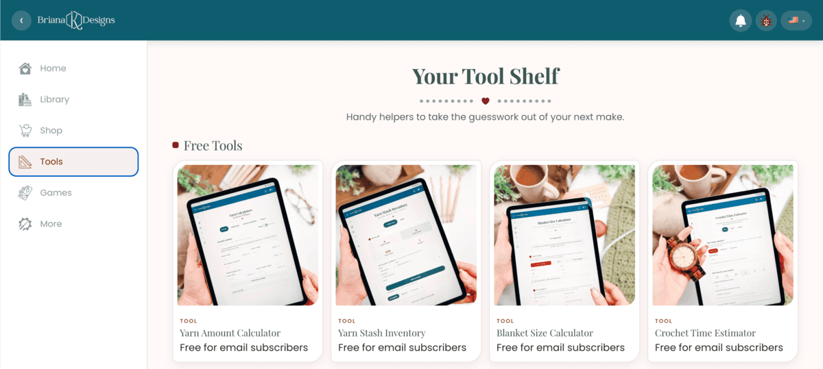 A website page displays four free crochet calculation tools for email subscribers, each shown on a tablet, with a sidebar menu on the left.