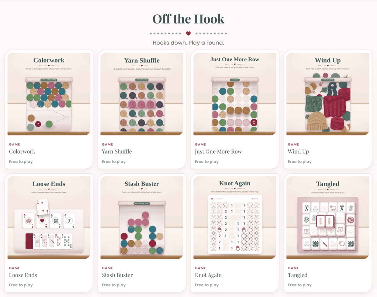 A grid of eight knitting-themed online game cards, each with a title, image, and “Free to play” label, arranged in two rows under the heading “Off the Hook”.