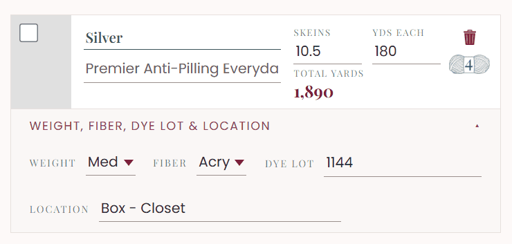 Yarn stash tracker entry for 10.5 skeins of Silver Premier Anti-Pilling Everyday acrylic yarn, medium weight, totaling 1,890 yards, dye lot 1144, stored in Box - Closet.