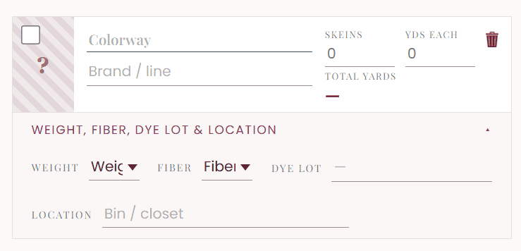 Input form for a yarn stash tracker, with fields for colorway, brand, skein count, yardage, weight, fiber, dye lot, and storage location.