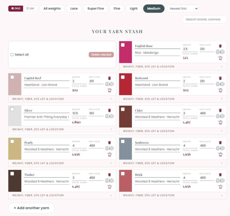 A yarn stash tracker interface listing yarn colors, quantities, and yardage with options to filter, select, and edit inventory entries.