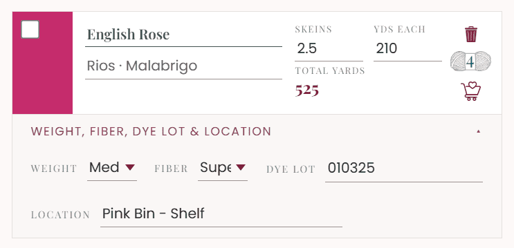 English Rose by Malabrigo yarn stash tracker: 2.5 skeins, 525 total yards, medium weight, superwash fiber, dye lot 010325, stored in the Pink Bin – Shelf.