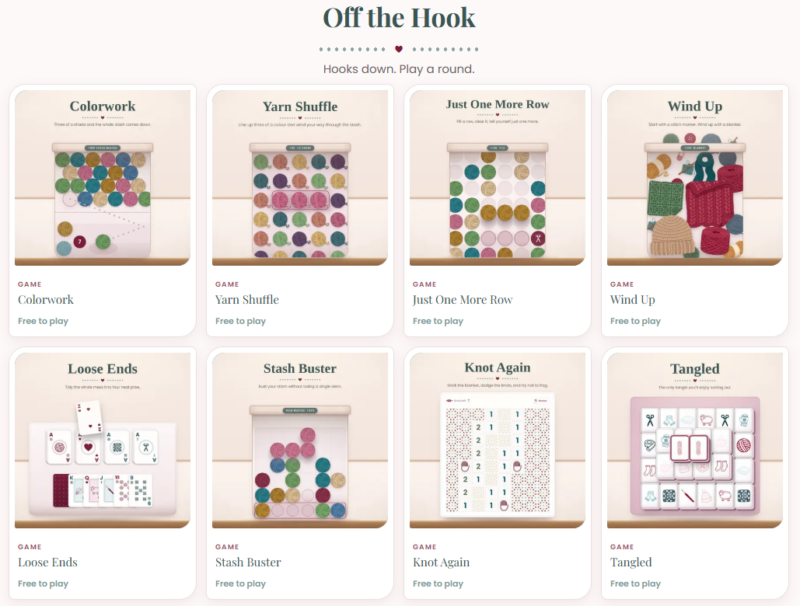 A grid of eight crochet-themed online games, each with a title, preview image, description, and a “Free to play” label, under the heading “Off the Hook.”.